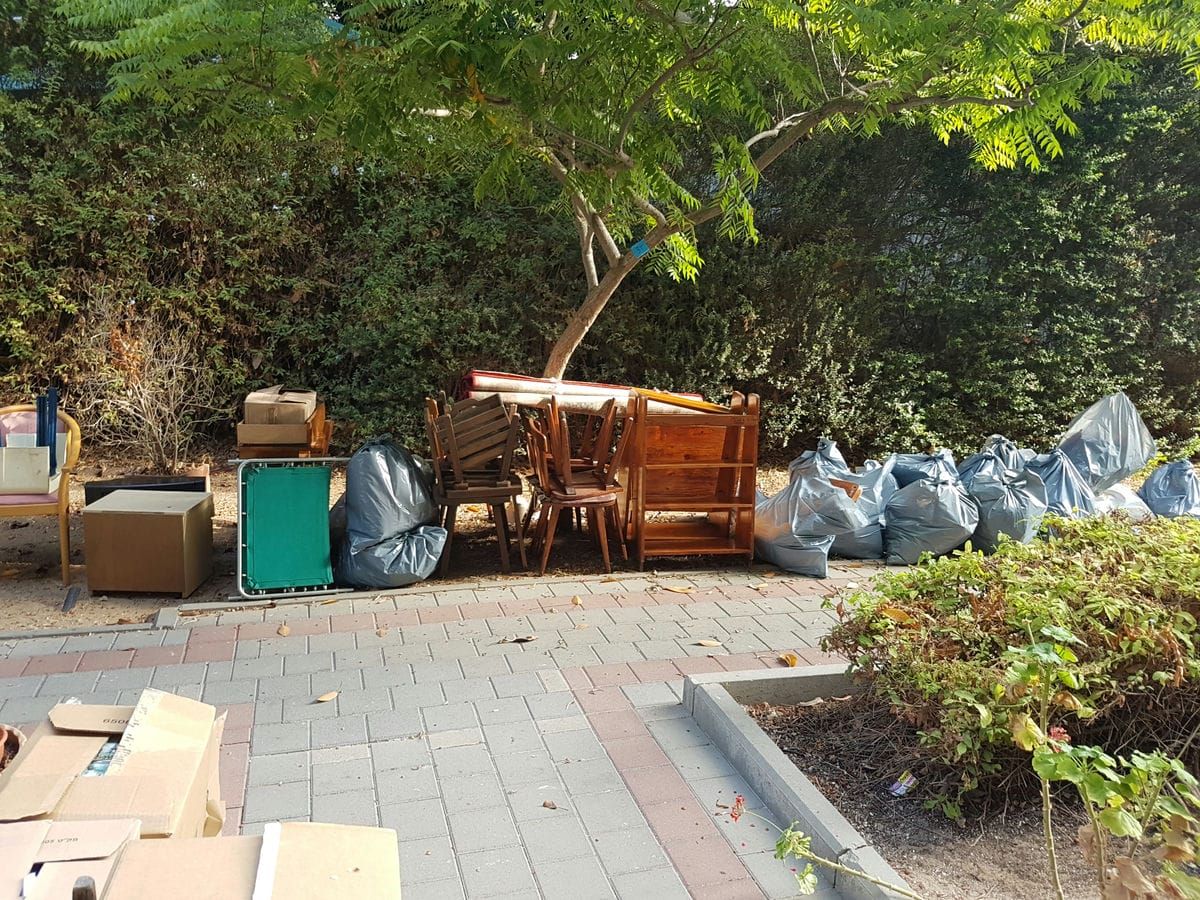 רהיטי עץ, ארגזים ושקיות כחולות מלאות מסודרים על מדרכה ליד עץ